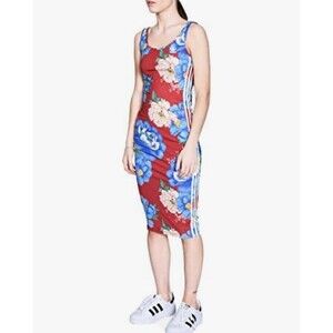 Adidas Originals x FARM Rio Chita Tank Bodycon Red Floral Stripes Dress Size XS